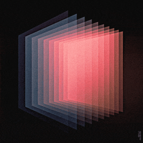 Layered translucent squares glowing in blue and red